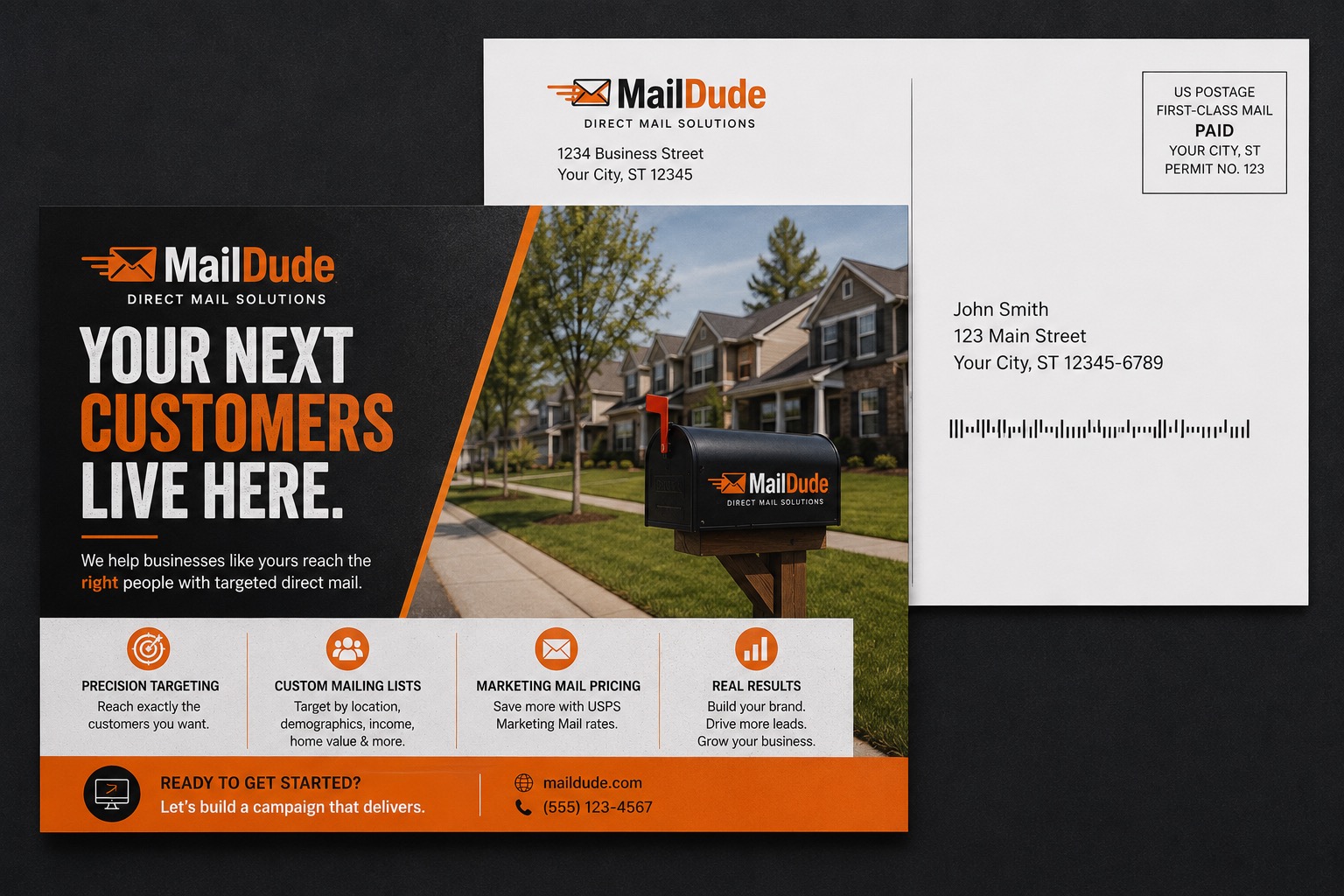 Targeted Direct Mail postcards prepared for mailing with the MailDude logo